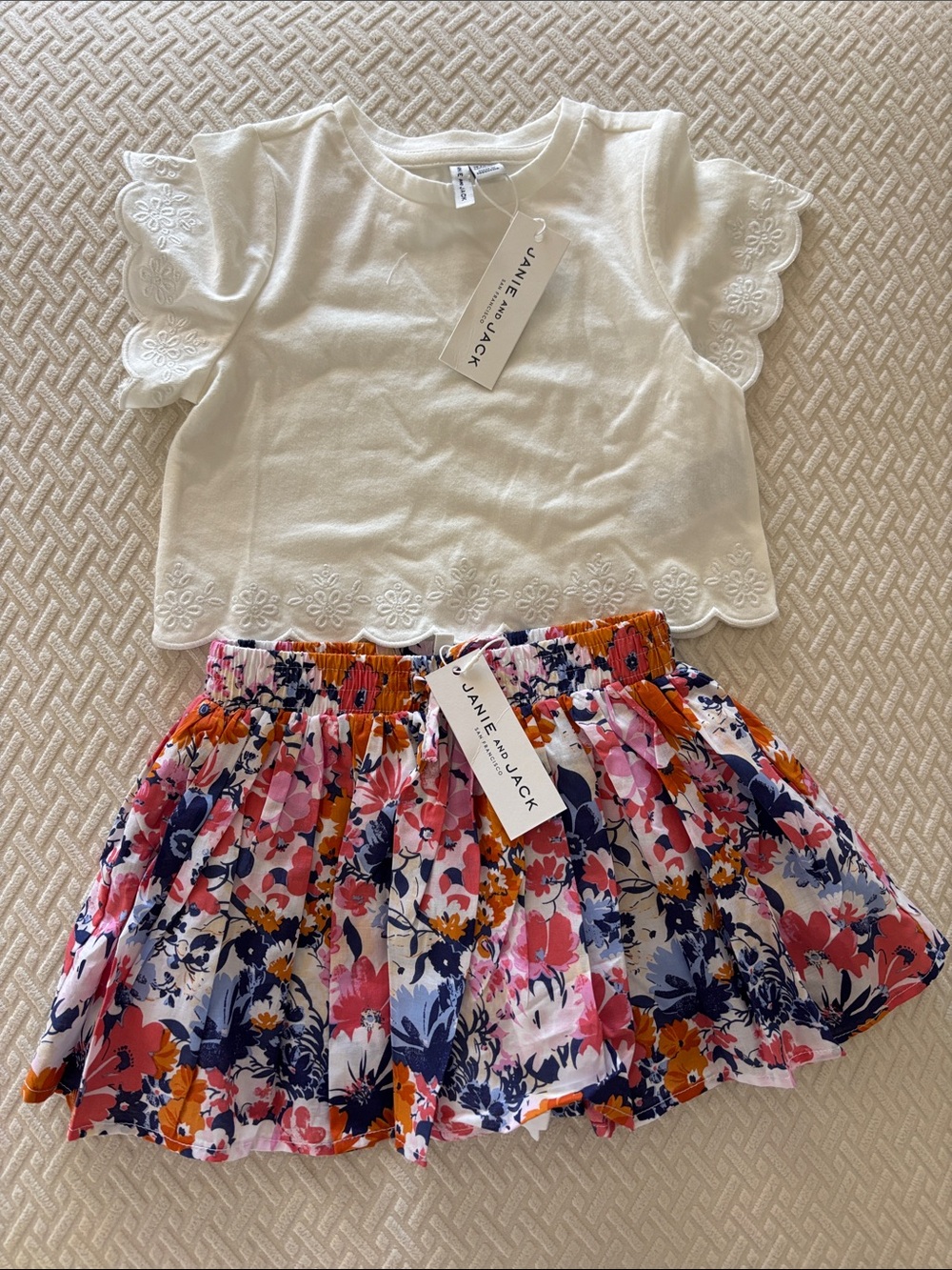Janie and Jack White Eyelet Top with Floral Skirt